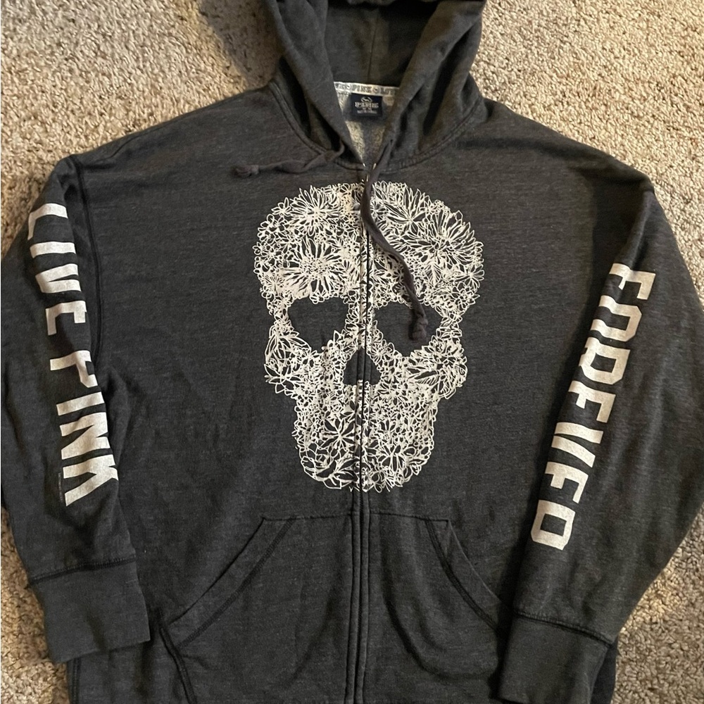 Victoria's Secret Love Pink Sz M Gray Studded Skull Hoodie Full Zip
